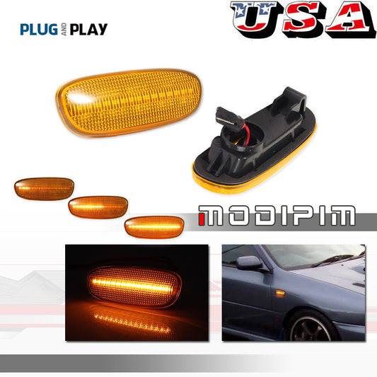 For 1993-01 for Subaru Impreza: Sequential amber fender LED side marker lights flashing.