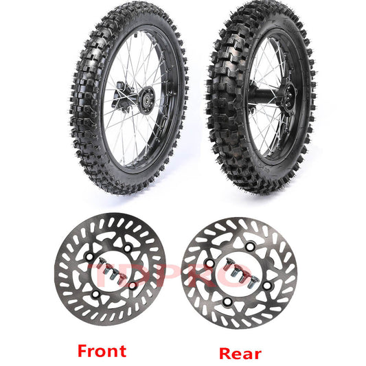 Front 70/100-17 + Rear 90/100-14 tires and rims suitable for Dirt bicycles Apollo 125cc and 140cc.