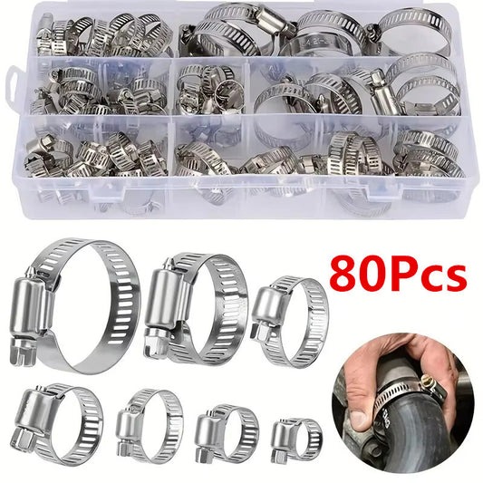 80Pcs Adjustable Fuel Pipe Worm Gear Clip Stainless Steel Screw Band Hose Clamps