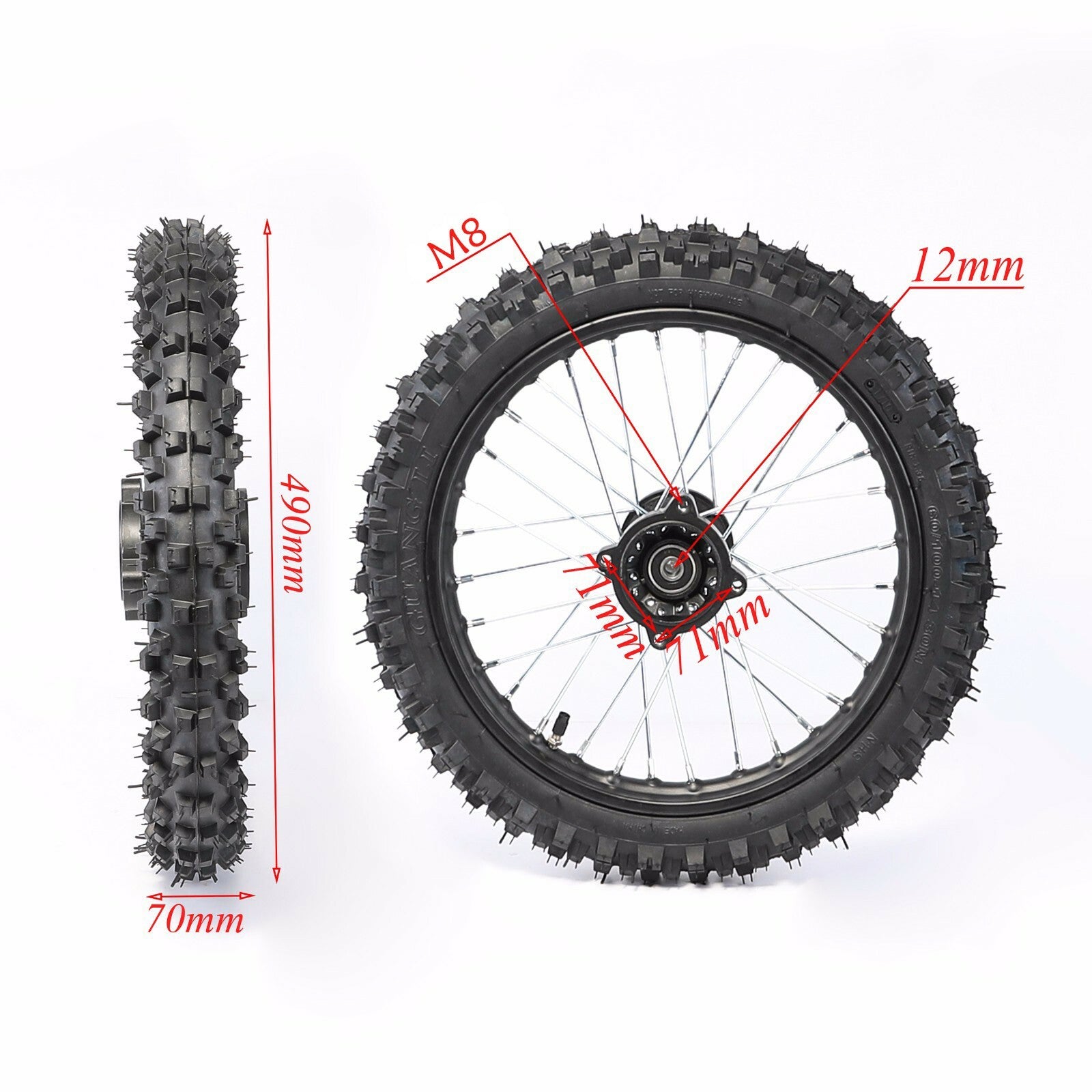 12mm 14-inch front wheel with 60/100-14 tire and rim suitable for Taodao SSR 125cc/110cc pit cross-country bike.