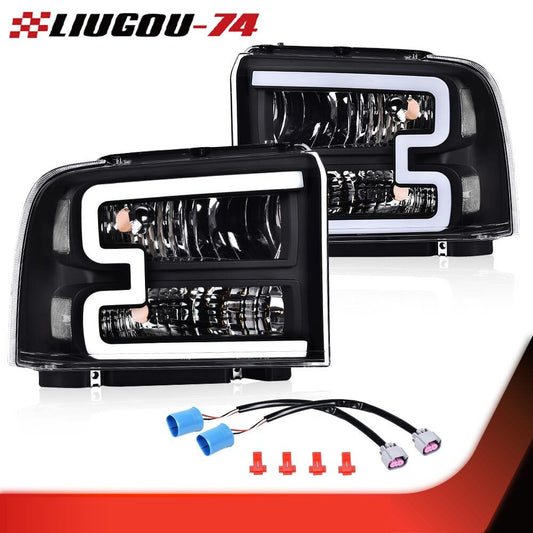 LED DRL headlights, clear/black, suitable for Ford F250, F350, F450, F550. 05-07 Super Duty