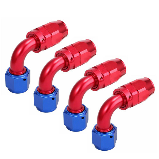 8AN 90-degree swivel hose end fitting for braided CPE fuel hoses, blue + red