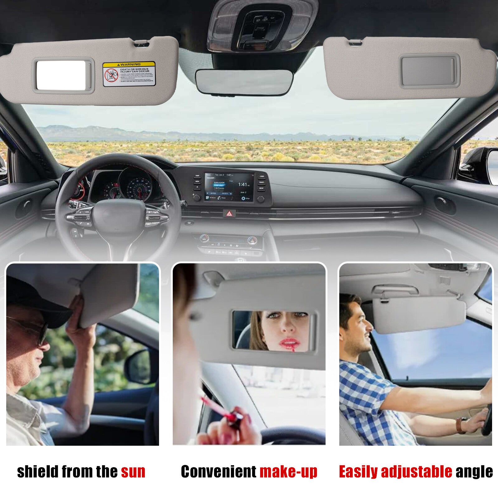 2X for Hyundai for Elantra 2011-2015 1.8L 2.0L Gray 852203X000TX Sun Visor w/ Mirror