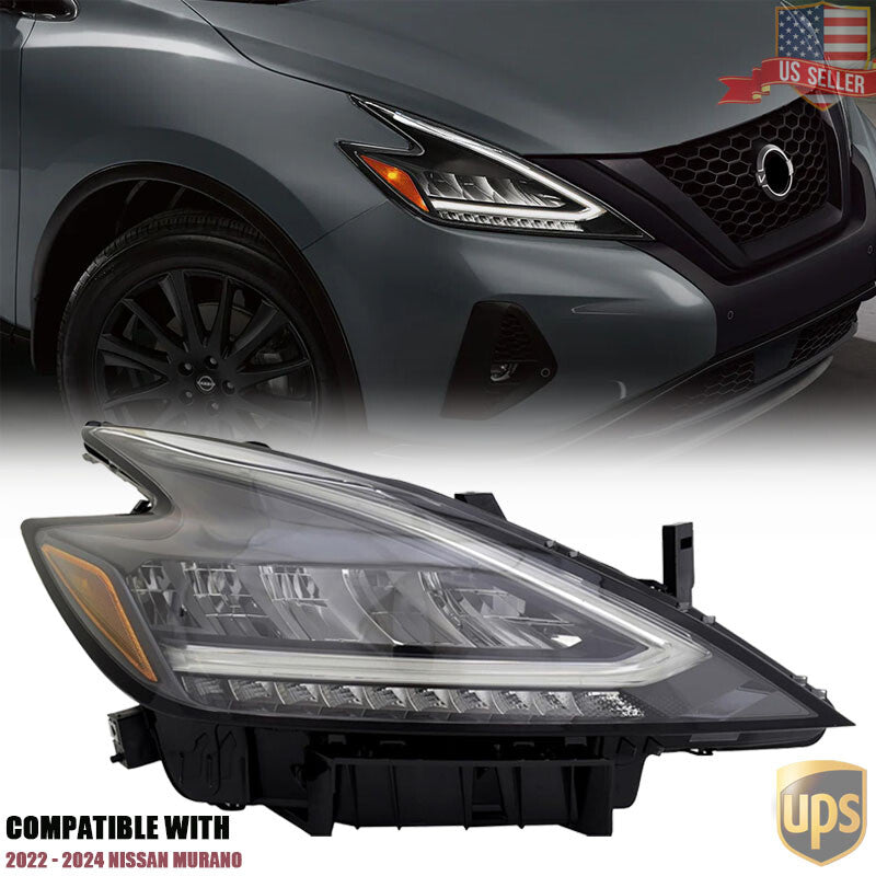 Right Passenger Side LED Headlight Assembly for Nissan Murano Black 2022-2024