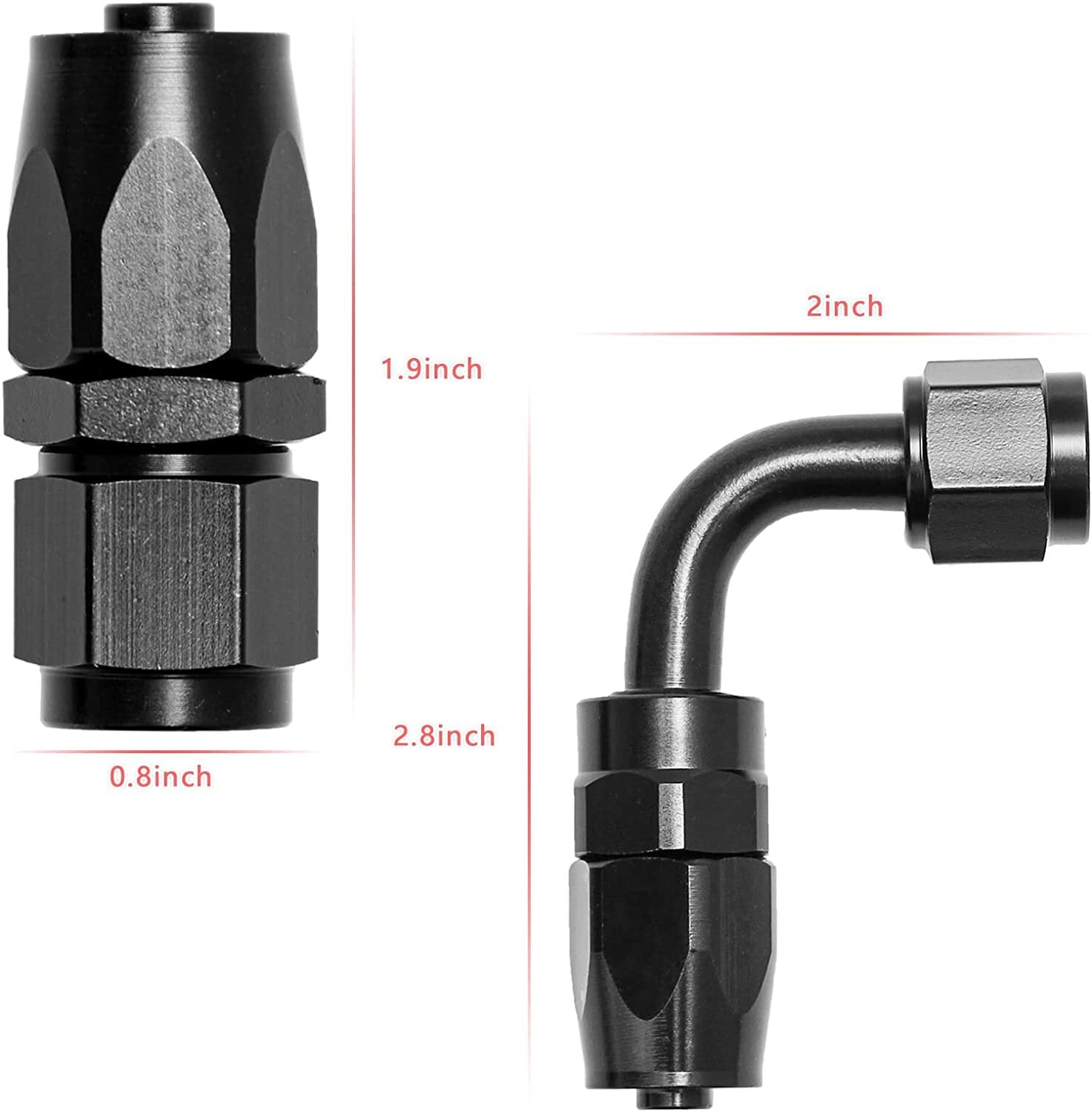 4-piece 6AN straight + 2-piece 6AN 90-degree rotating hose end connector adapter, black, .