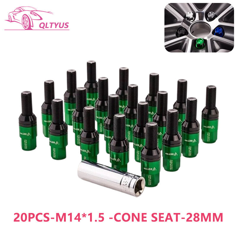 20PC 28mm M14x1.5 Wheel Lug Bolts Cone for Seat Studs Set for Most Aftermarket Green