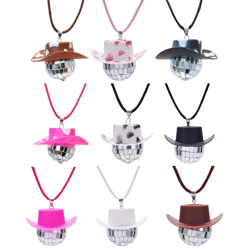 Cowboy Hat Disco Ball Car Ornamen Rearview Mirror Hanging Acessory Rope Black