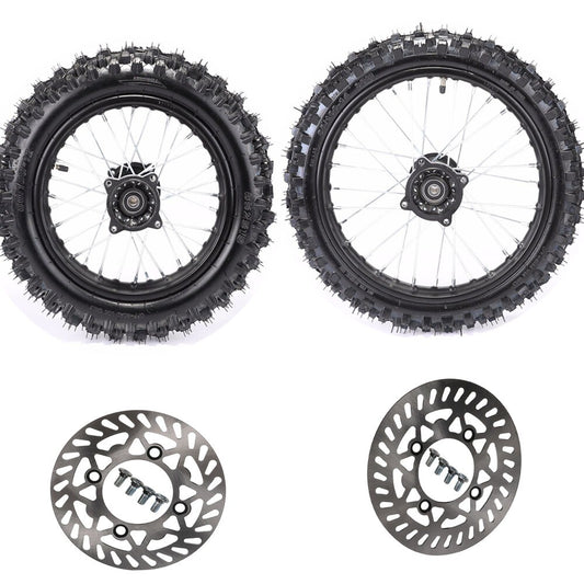 14-inch and 12-inch wheels, 60/100-14 and 80/100-12 tires and rim kits for the XR70 SSR 125cc/110cc pit bike.
