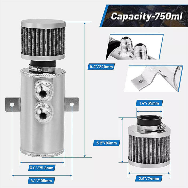 Oil Catch Can Reservoir Tank w/Breather Filter Baffled Kit 10AN Aluminum SIilver