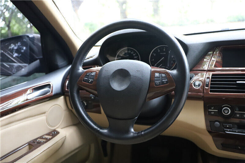for BMW X5 2008-13 Wood Grain Interior Steering Wheel Button Frame Cover Trim 2P