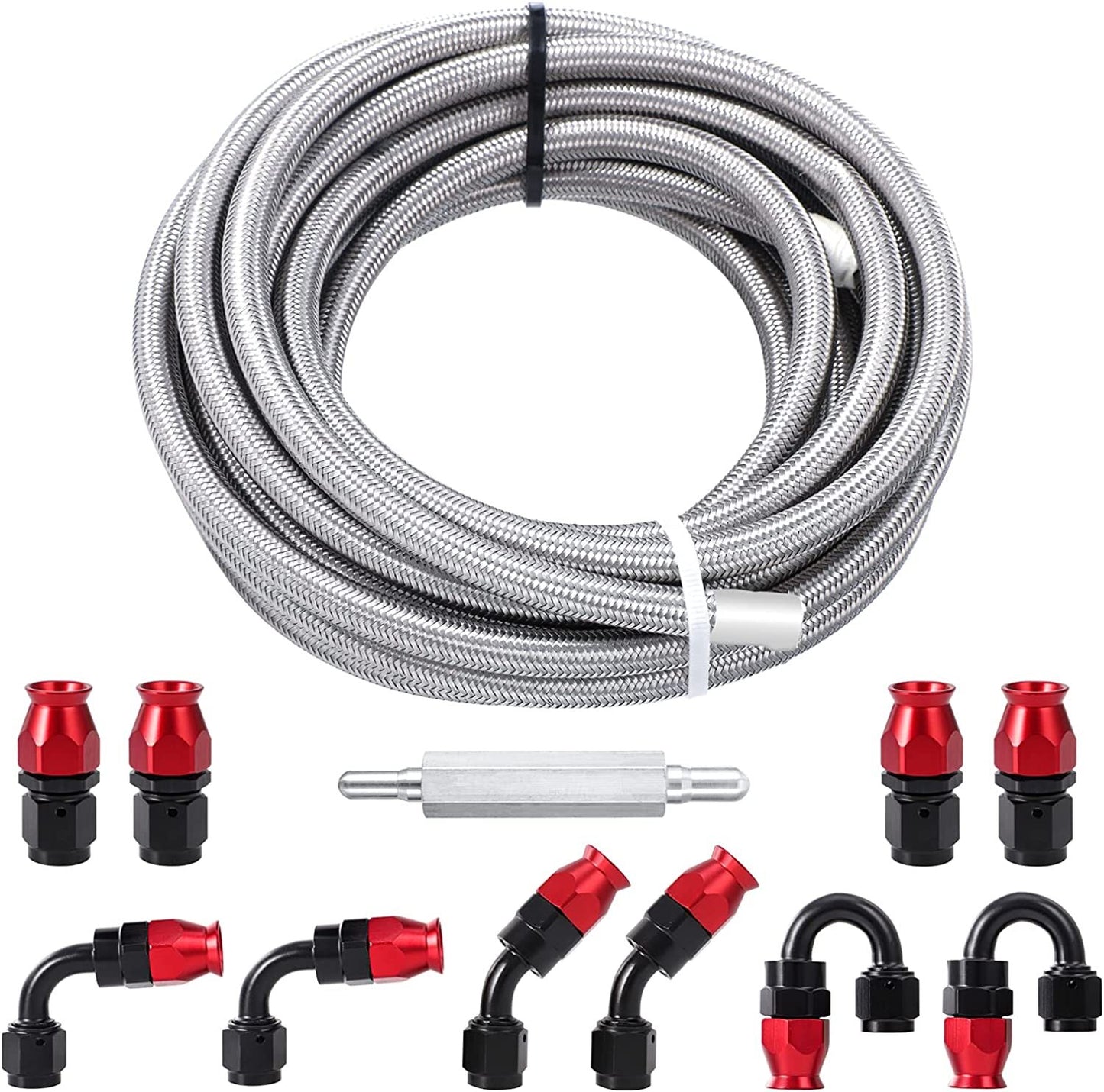 6AN 3/8 inch PTFE LS Replacement EFI Fuel Hose Fitting Kit E85 Nylon Braided Fuel Hose 20 ft