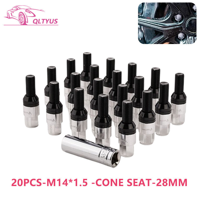 20-piece set of 28mm M14x1.5 wheel lug bolts and tapered for seat studs suitable for most aftermarket applications.