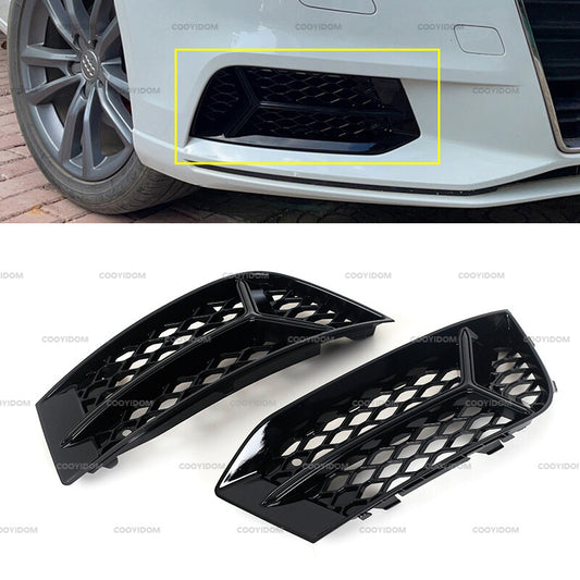 pair of fog light frames with honeycomb fog light frames in glossy black for Audi A3 2017-2020.