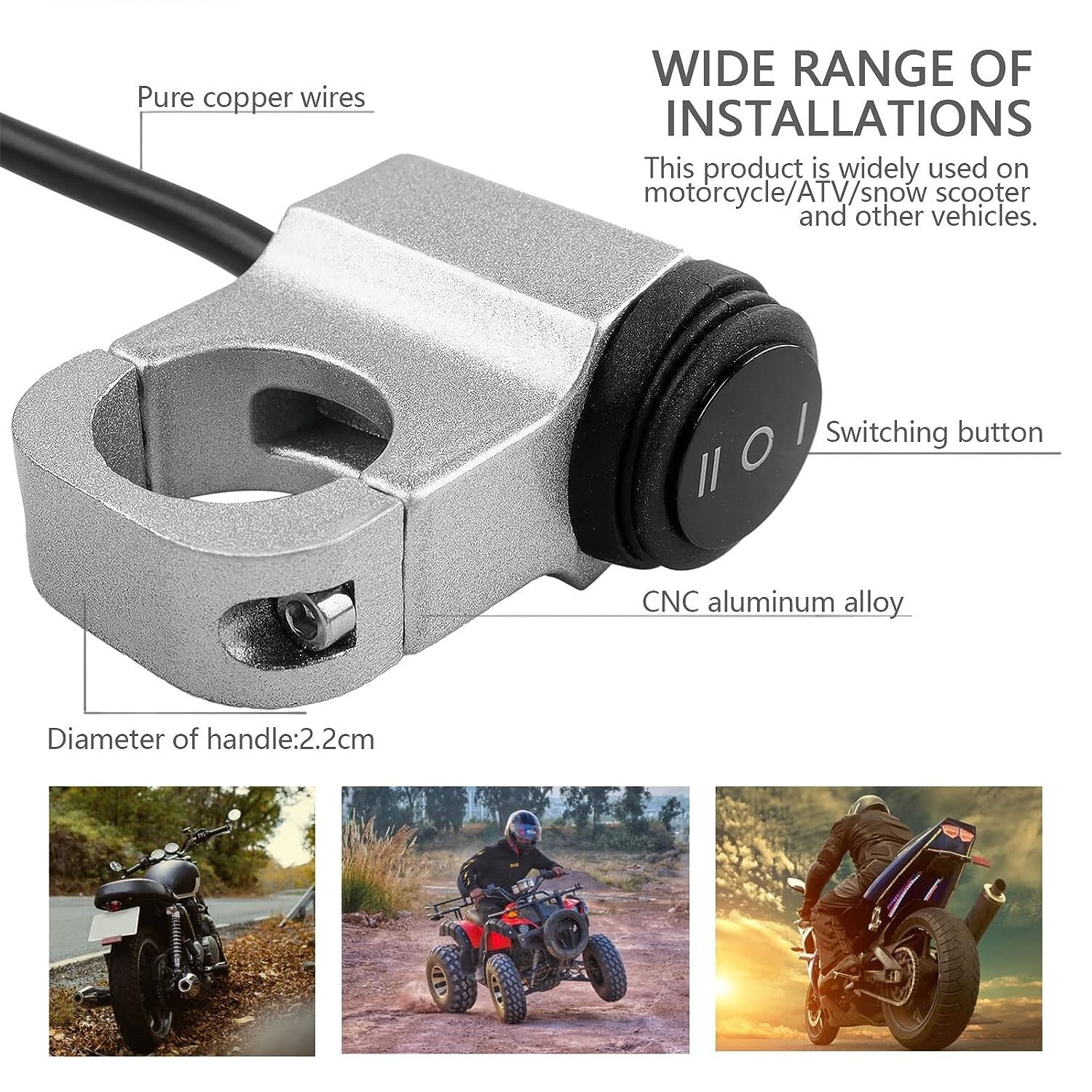 12V ATV Handlebar Headlight Switch,7/8 22-23mm Handlebar On-Off-On Control CNC