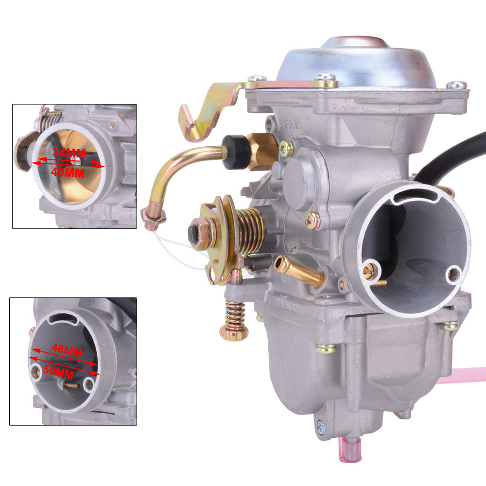 This carburetor is suitable for 300cc ~ 400cc vehicles including GN250, GN300, Roketa ATV-11, Jianshe JS400, and Tank 400.