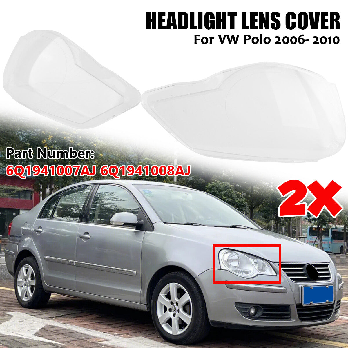 A pair of headlight lens covers for Volkswagen Polo 9N 2006, 2007, 2008, 2009, 2010