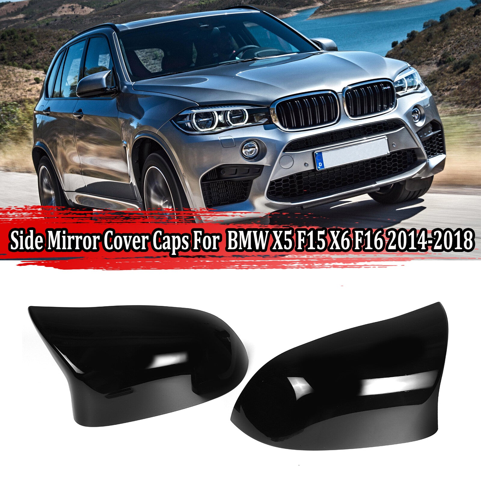 Two glossy black mirror-finish protective cases, Model M, suitable for BMW X5, F15, X6, F16, 28i, 35i. (2014-18)