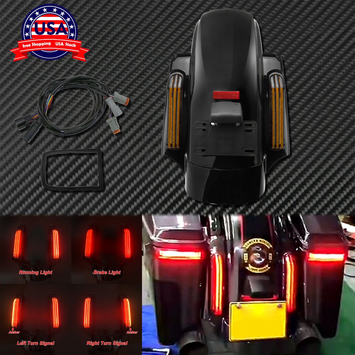 Motorcycle LED Rear Fender System W/Amber Lens Fit for Harley Touring 2014-2020