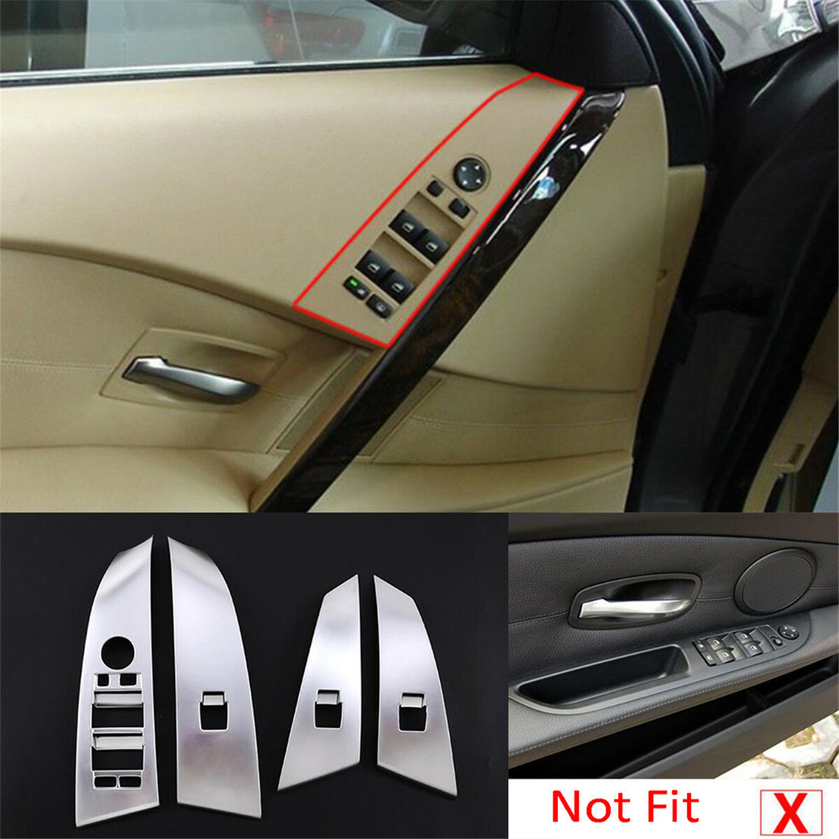 Silver ABS Window Lift Switch Button Trim Kit for BMW 5 Series E60 E61 2004-2006