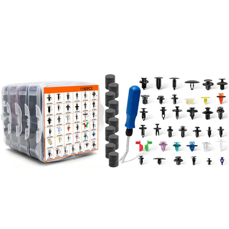 1295-piece set of universal automotive body rivets, bumper panel fasteners, and clips with tools.