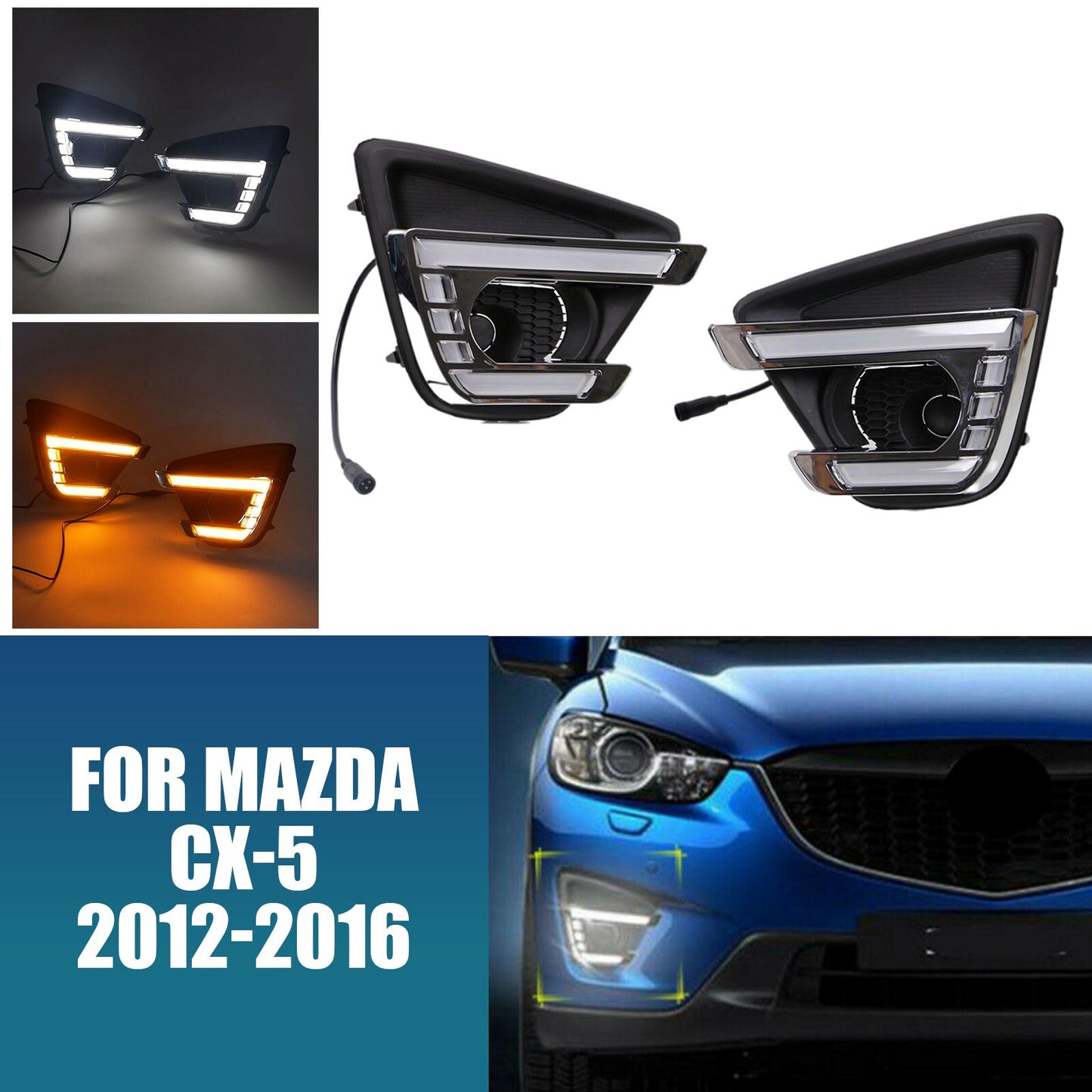 1Pair Car LED Front Daytime Running Light Fog Turn Lamp for Mazda CX-5 12-16 AT