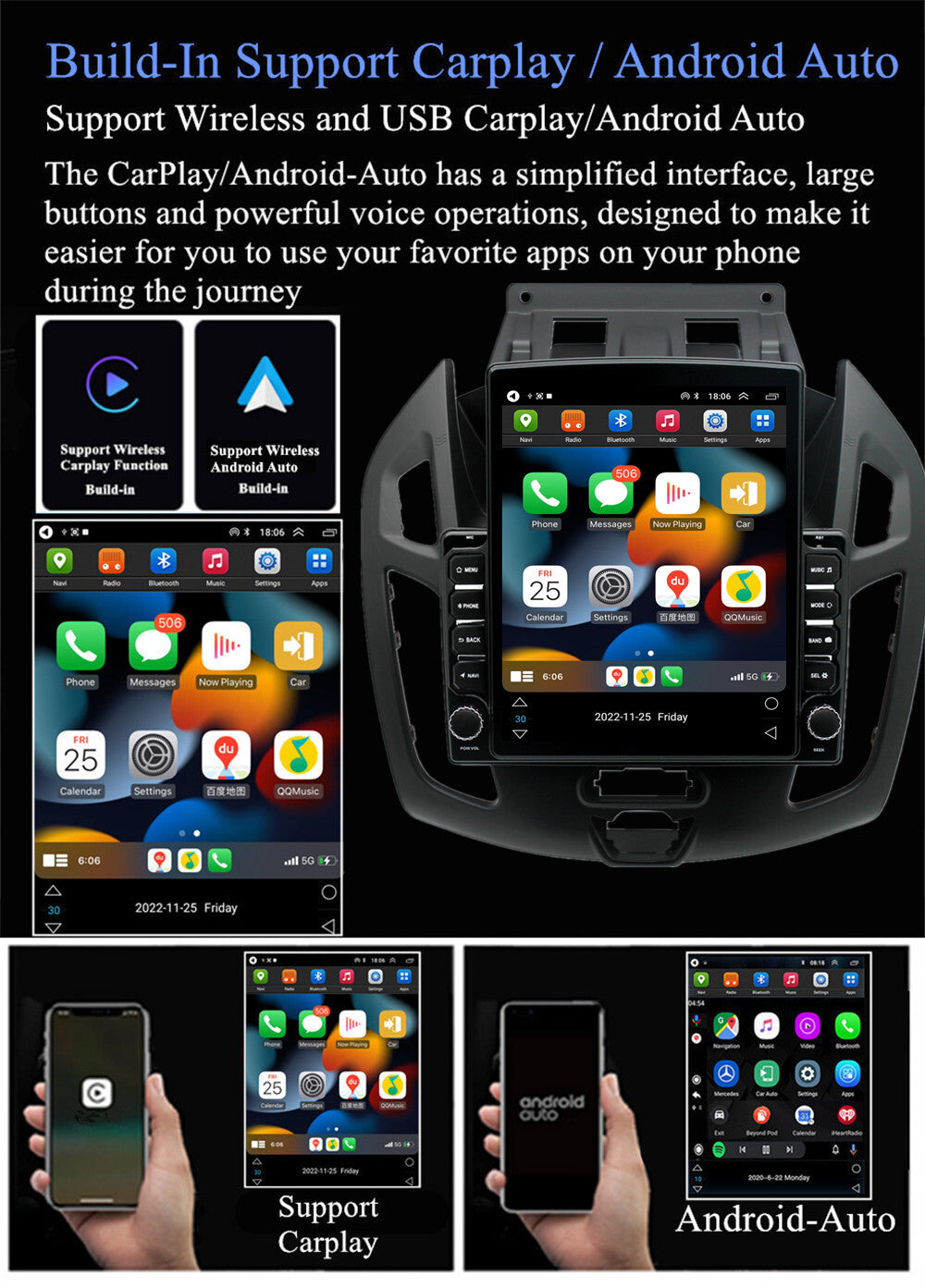9.7 For 2014-2018 for Ford Transit Connect Carplay Stereo Radio Head Unit 4+32GB FM