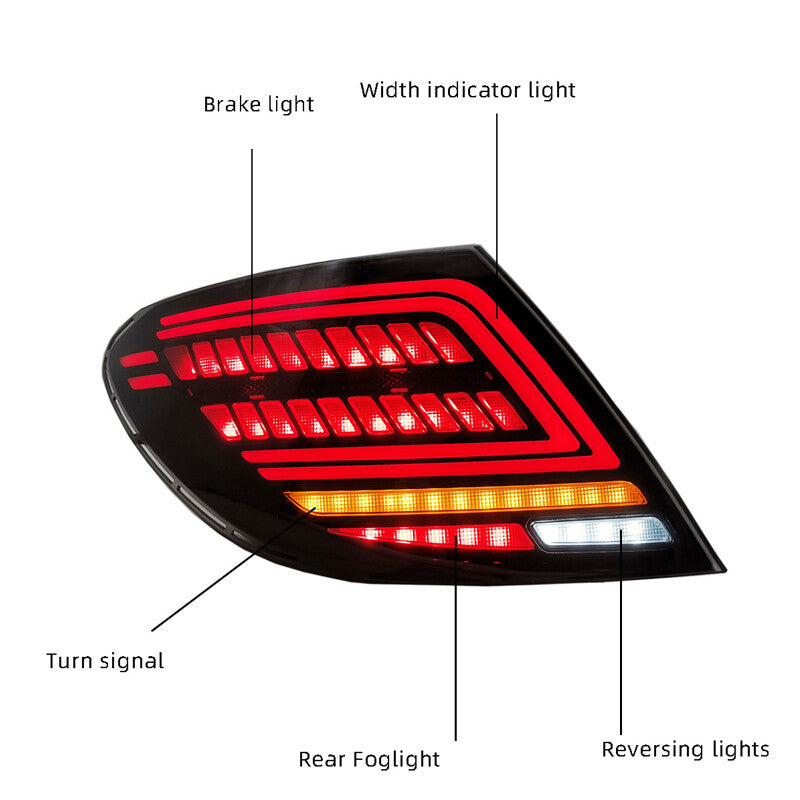 A pair of LED taillights with smoke effect suitable for Mercedes W204, C250, and C300 (2007-2014).