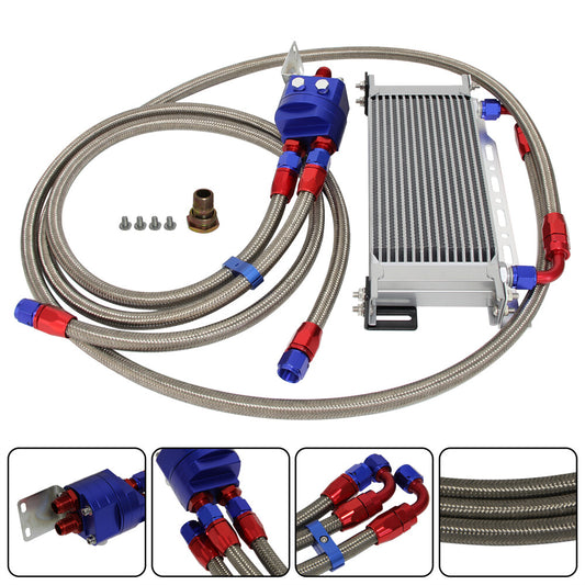 16 Row AN8 Engine Oil Cooler +Relocation Filter Adapter Hose Kit w/Bracket BL