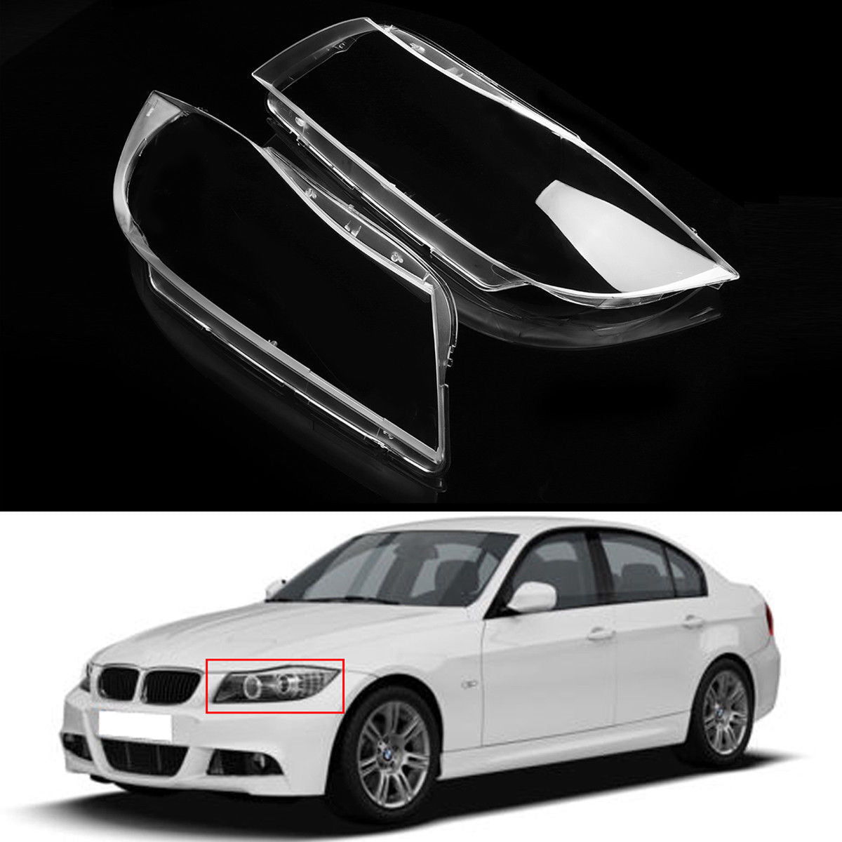 A pair of transparent headlight lens covers and transparent xenon lenses suitable for BMW 3 Series E90/E91 2005-2012