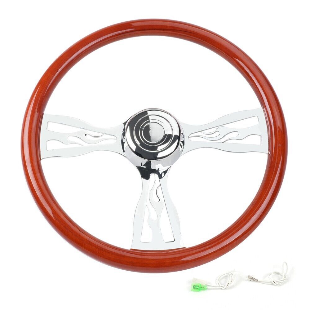18 Wood Steering Wheel Chrome 3 Spoke For Big Rigs with Horn Button Kit