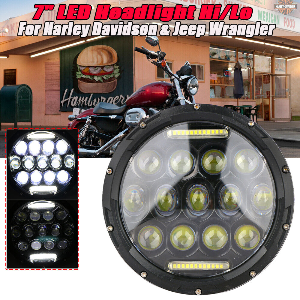 Black 7-inch 75-watt round LED headlights, high/low configuration, suitable for Harley-Davidson and for Jeep for Wrangler .
