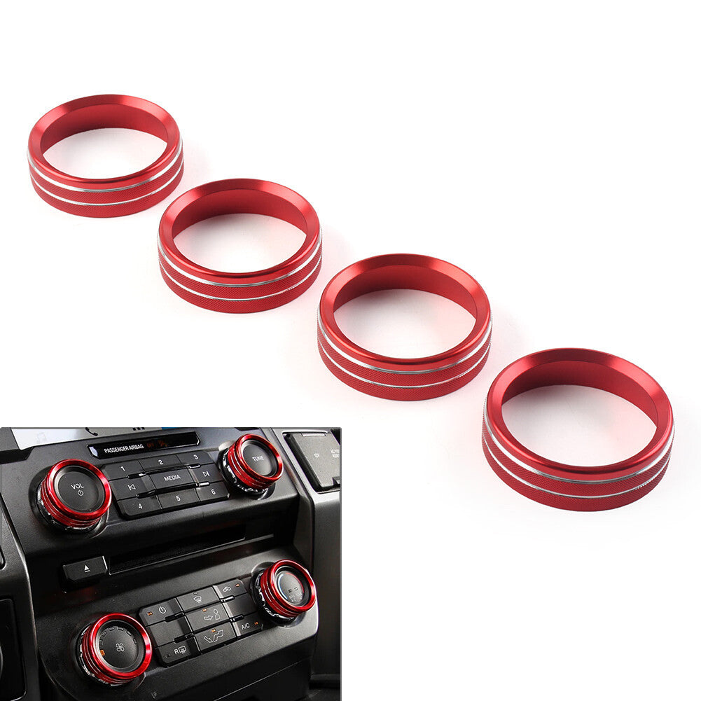 for Ford F150 XLT 2015-20 4x Air Conditioner Switch CD Button Ring Knob Trim Red