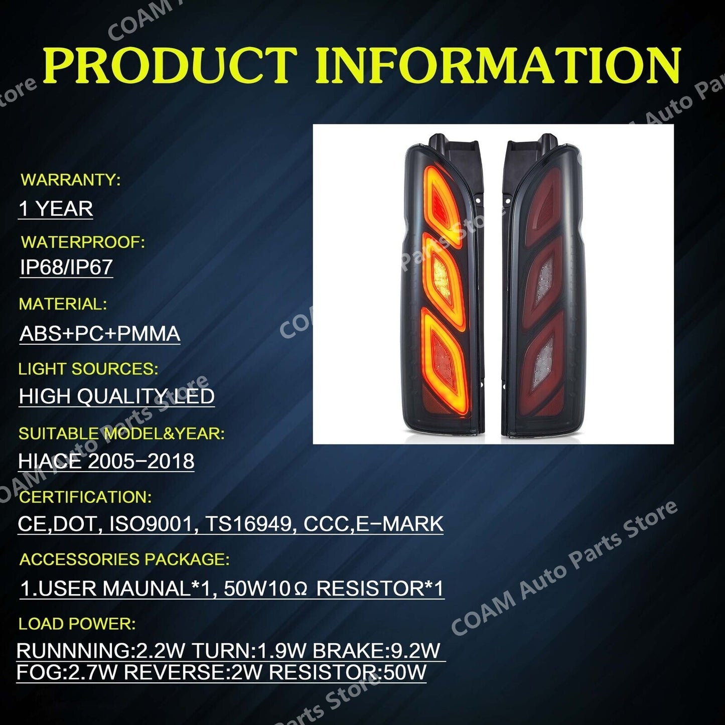 A pair of LED taillights with animation for 2005-2018 for Toyota Hiace smoked taillights.