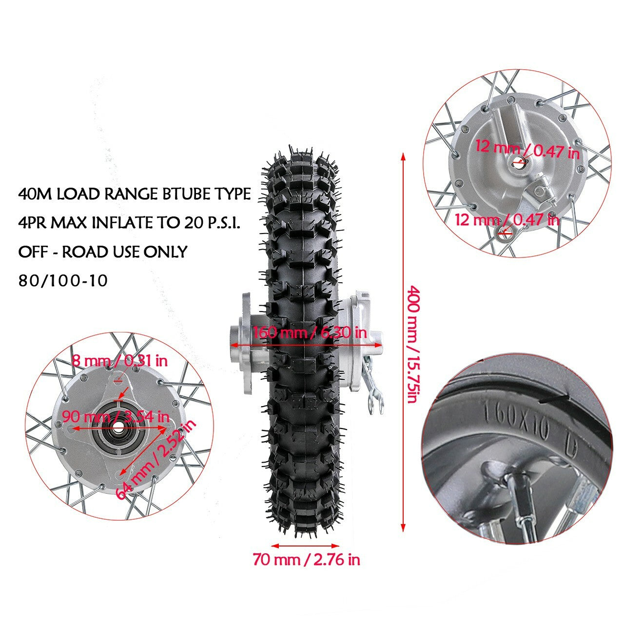 12-inch and 10-inch wheels, front 60/100-12, rear 80/100-10 tires, rims, dirt pits, bicycle CRF50 70