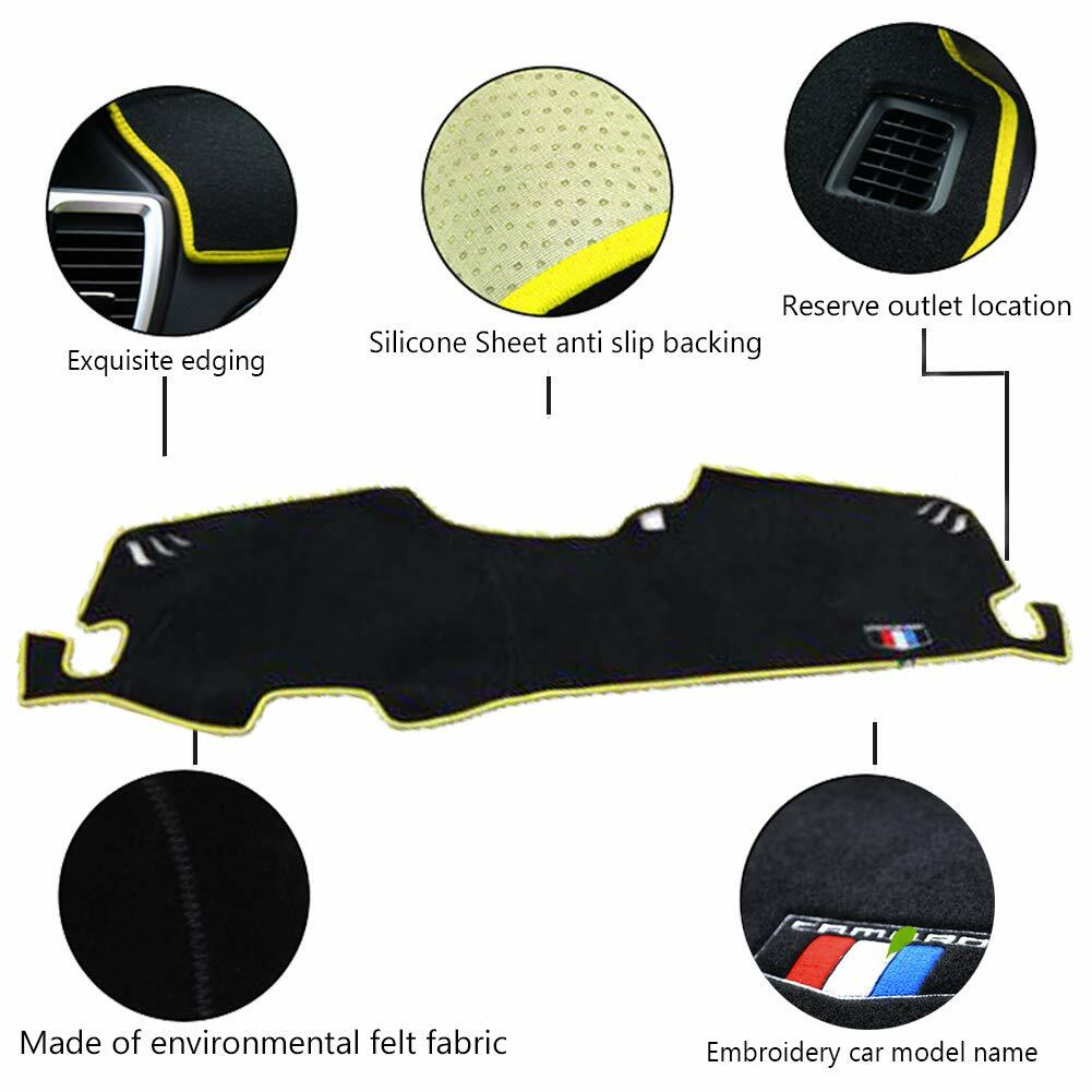 Dashboard mat sun protection cover for 2016-17 for Chevrolet Camaro with yellow trim.