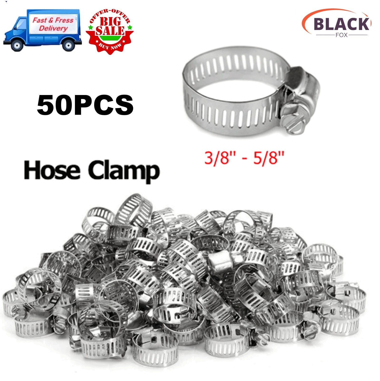 50-pack of hose clamps, 3/8 inch to 5/8 inch adjustable steel strap worm clamps, 304S fuel line clamps.