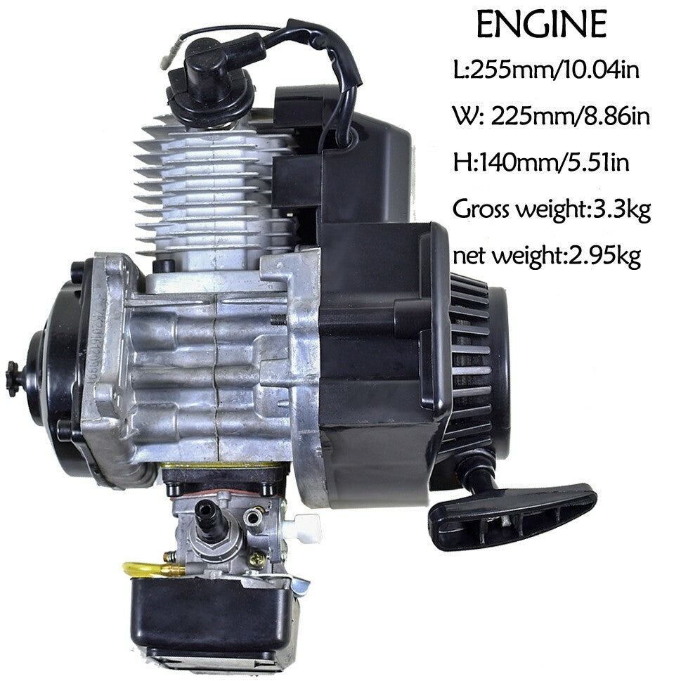 50cc, 47cc, 49cc 2-step motor suitable for mini pocket bikes, scooters, off-road bikes, and all-terrain vehicles.