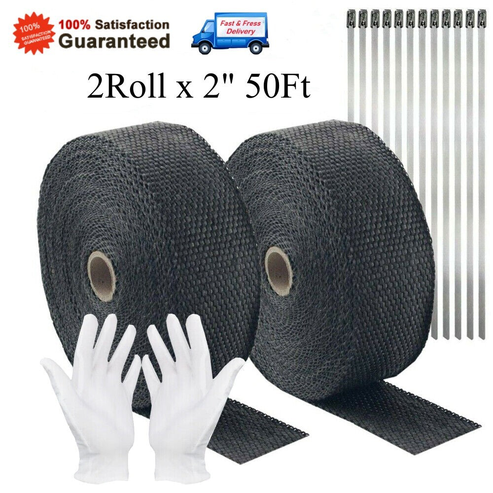 2-inch 50-foot x 2 Rolls Fiberglass Exhaust Pipe Heat Packing Tape Black + 10 Tie Kit