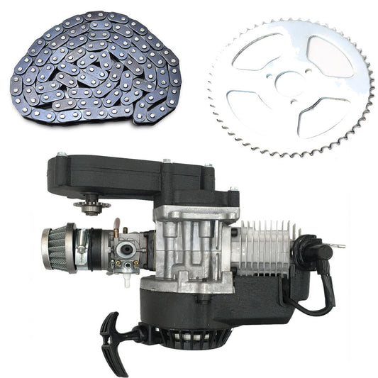 2-stroke 49cc engine + T8F chain + 54T sprocket suitable for mini bicycles, go-karts, and all-terrain vehicles.