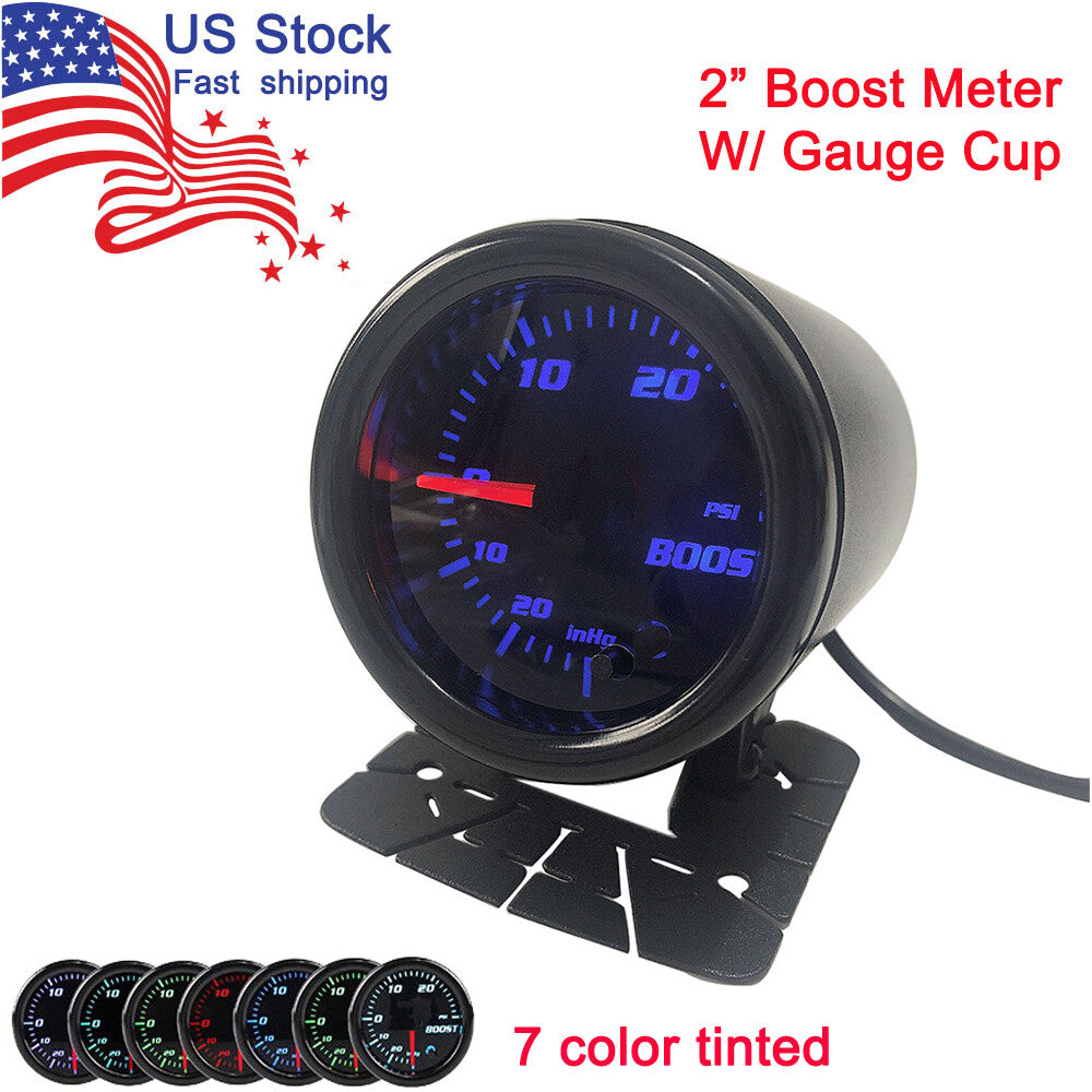 2 Turbo Boost Meter 7 Color Tined 0-30 PSI Pressure Vacuum Boost Gauge With Cup