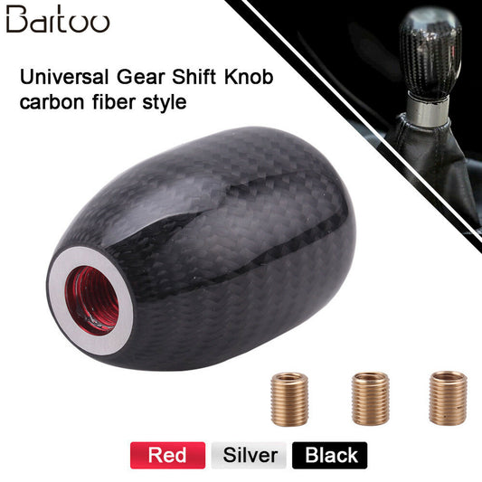 Car Gear Shift Knob Oval Ball Shape Carbon Fiber Black Universal With 3 Adapters