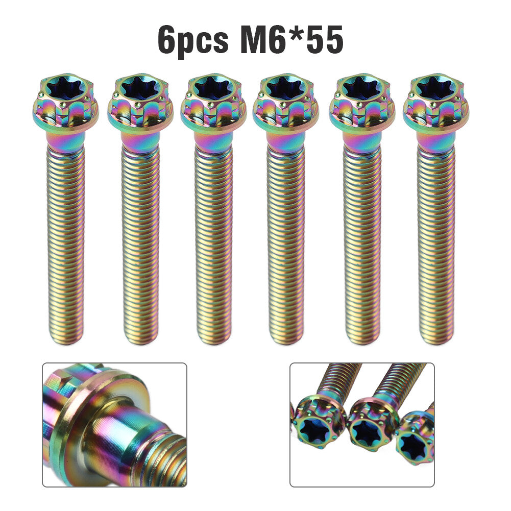6pcs Bolts Torx Head Flange Screws M6x55mm Rainbow For Motorcycle Bike