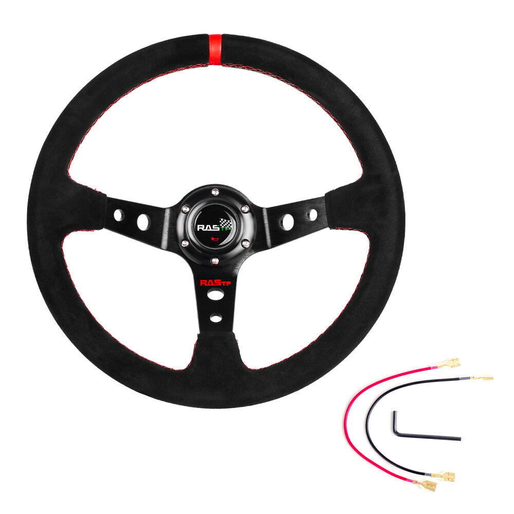 Red 14inch 350mm Deep Dish 93mm Steering Wheel for Racing Suede Leather