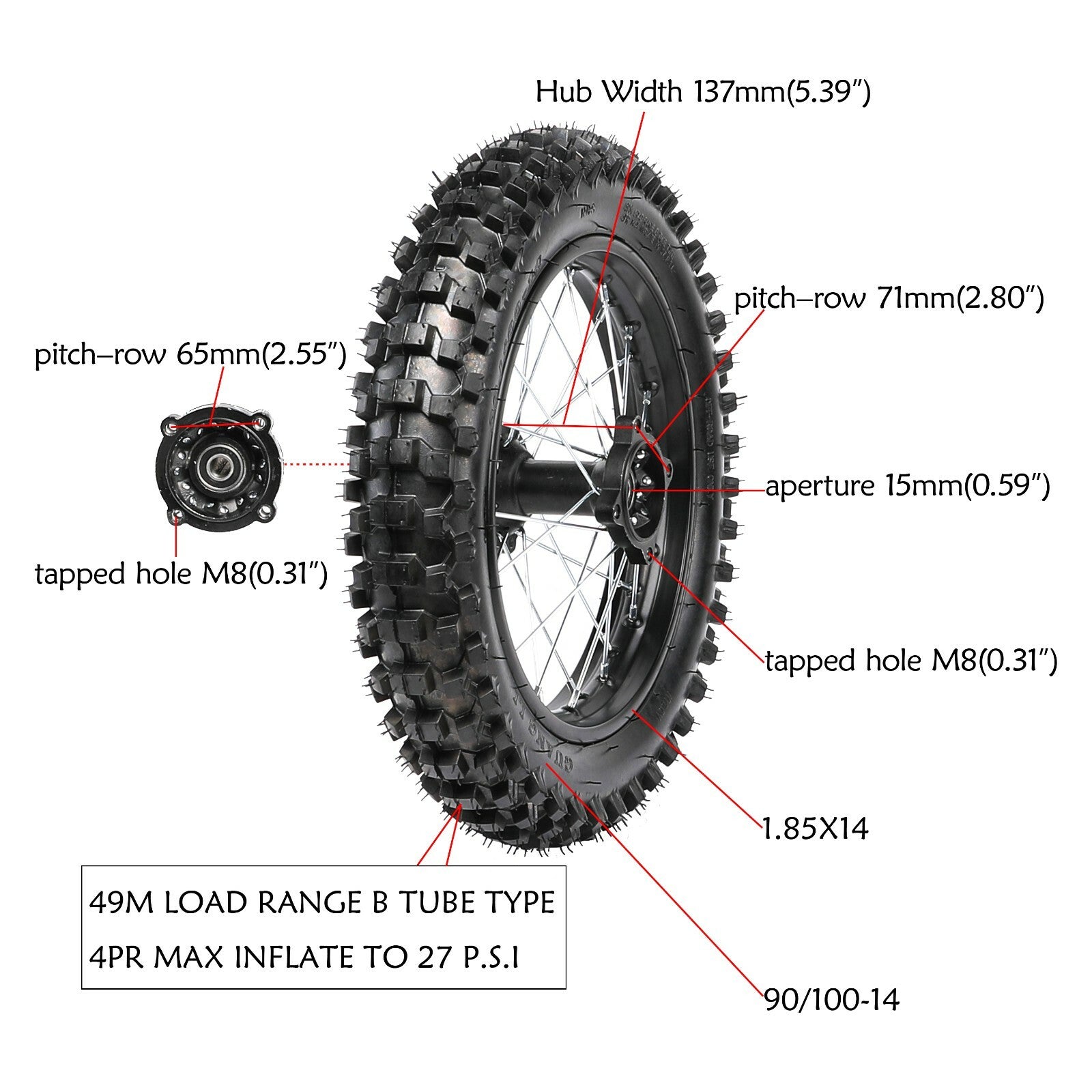 90/100-14 inch rear tire rim swingarm kit for YZ85 Apollo 110cc 125
