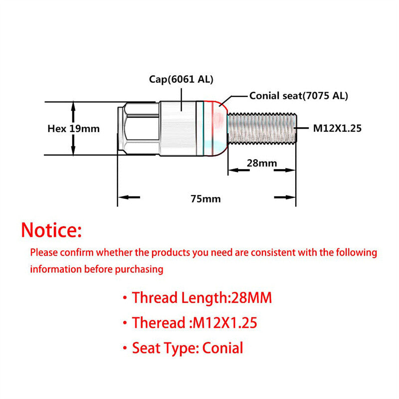 20PCS M12x1.25 Silver Wheel Lug Bolt 28mm Shank Cone for Seat Stud for Jeep for Chrysler