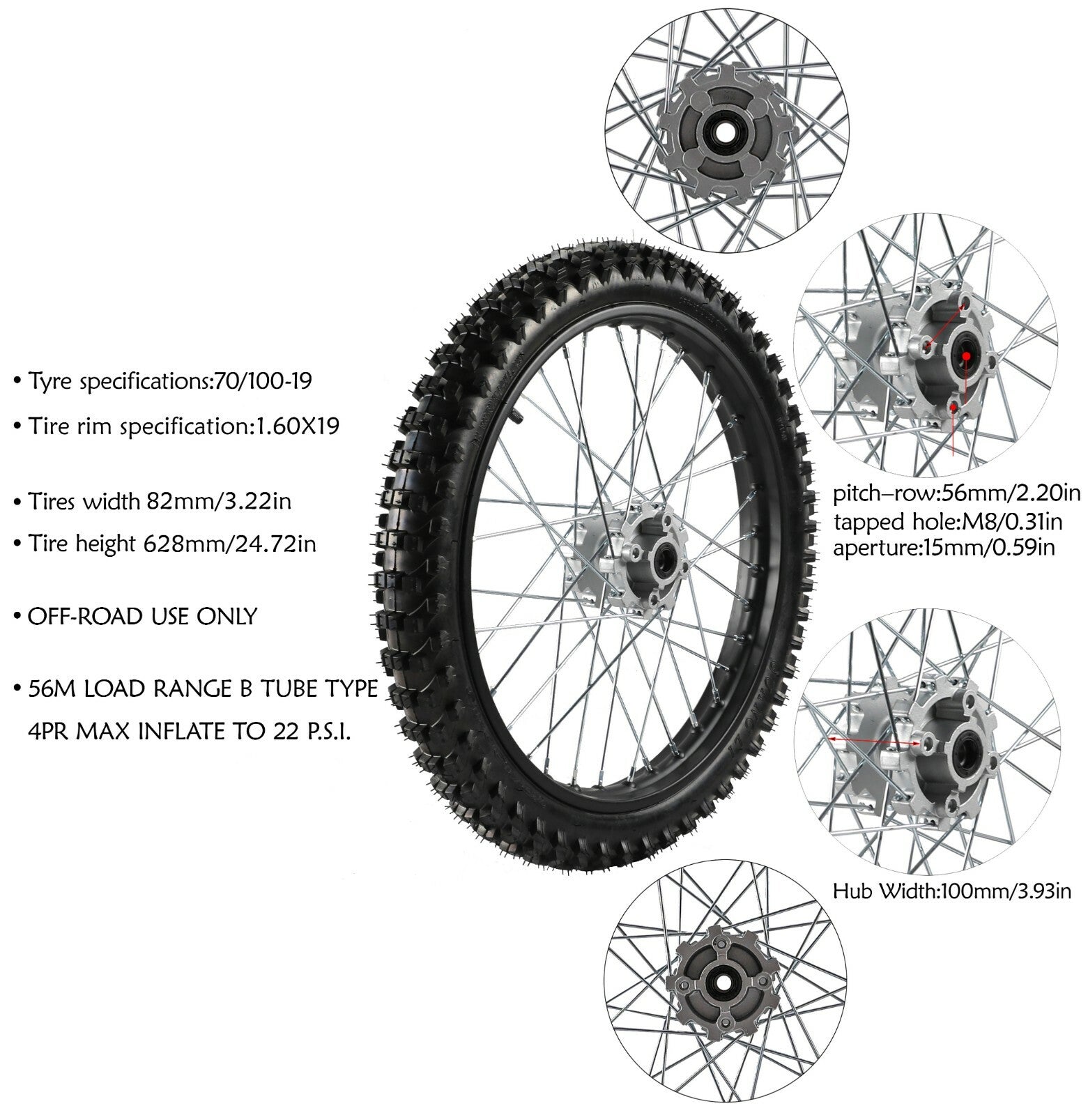 Front 70/100-19, Rear 90/100-16, Tires and Rim Dirt Pit, Bicycle Razor Off-Road 150cc 200