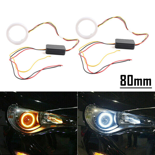 80MM White Amber Switchback LED Angel Eyes Halo Rings Car Headlight Retrofit