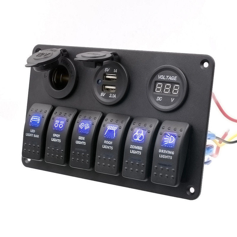 12V Car 6Gang Rocker Switch Panel with Digital Voltmeter USB Charger Adapter LED