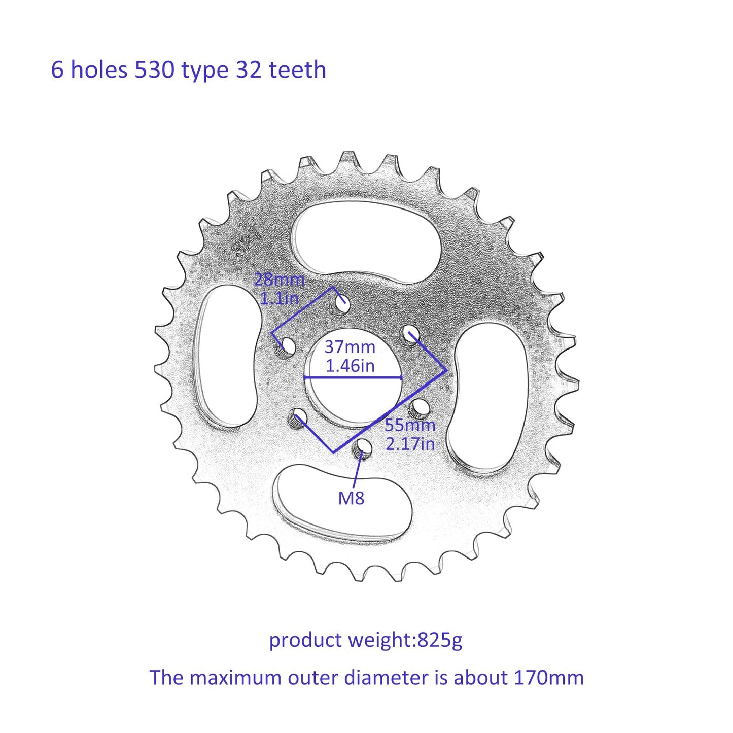530 chain, 32T rear sprocket, 37mm, suitable for GY6 125 150 200 250cc all-terrain bikes, four-piston sprockets.