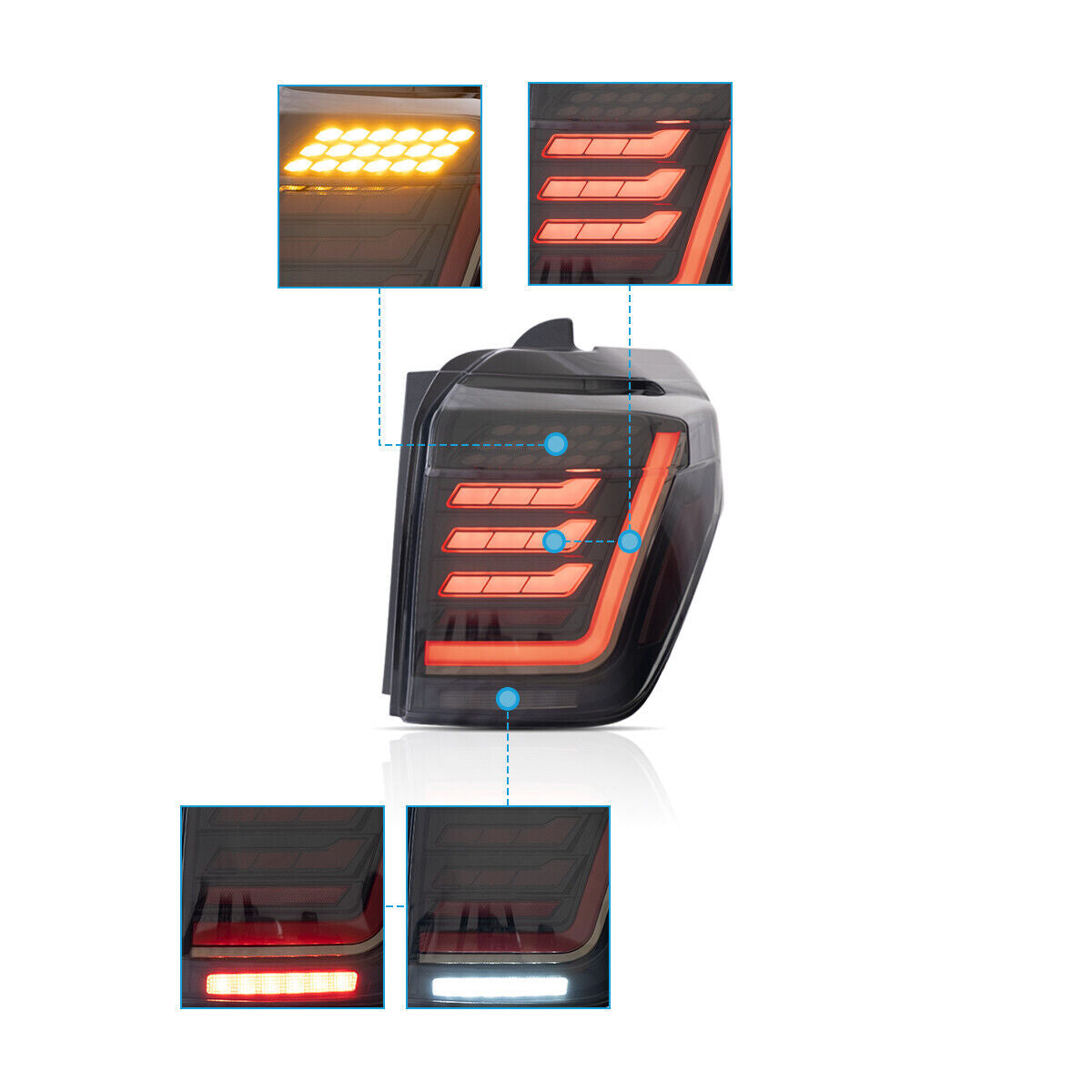 A pair of taillights for the 2014-21 for Toyota 4Runner, featuring transparent LED brake light assemblies.